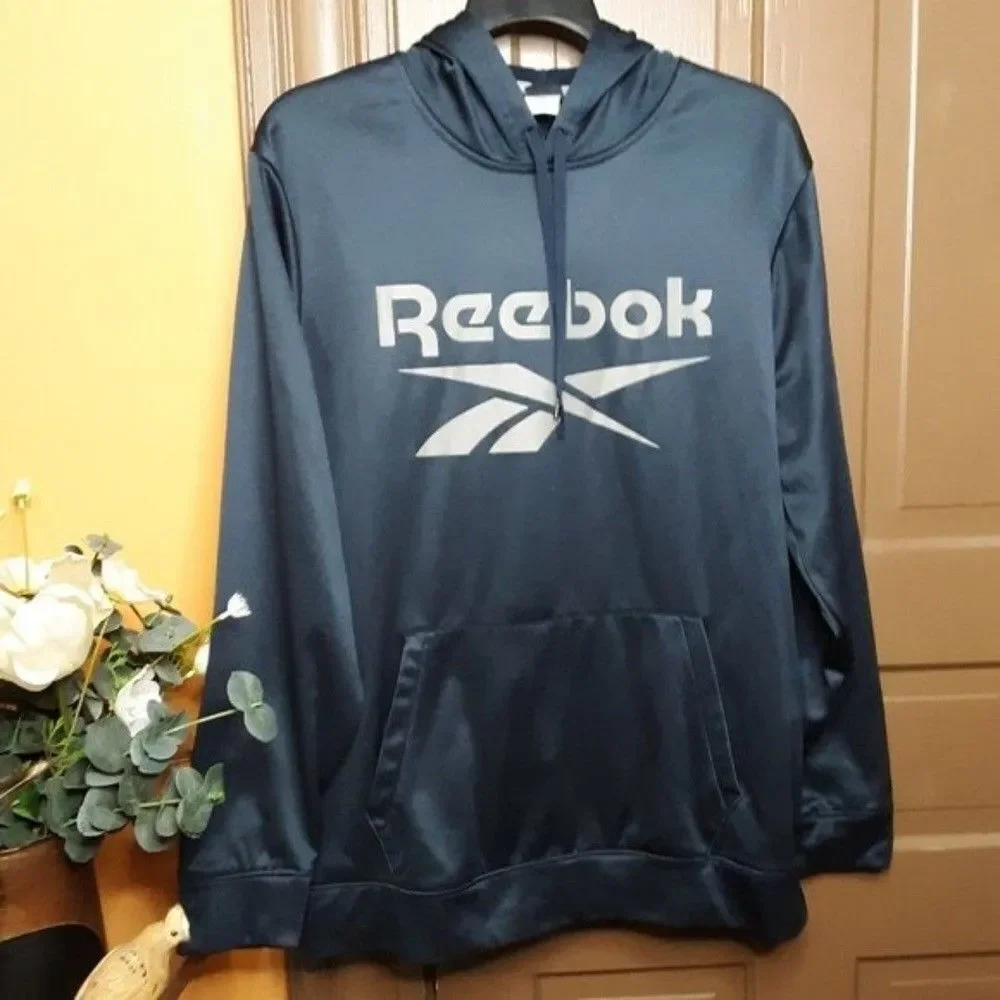 Reebok Men's size XL Logo-Print Fleece Blue Polyester Hoodie Sweater